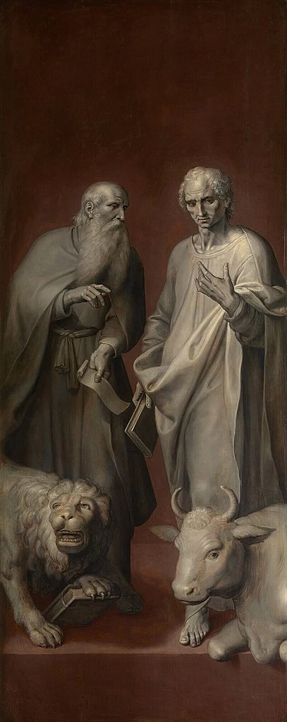 1Pala d'altare della Gilda di San Luca di Marten Pepijn, Maerten de Vos e Otto van Veen. Santi Marco e Luca - Koninklijk Museum voor Schone Kunsten, Anversa, dettaglio